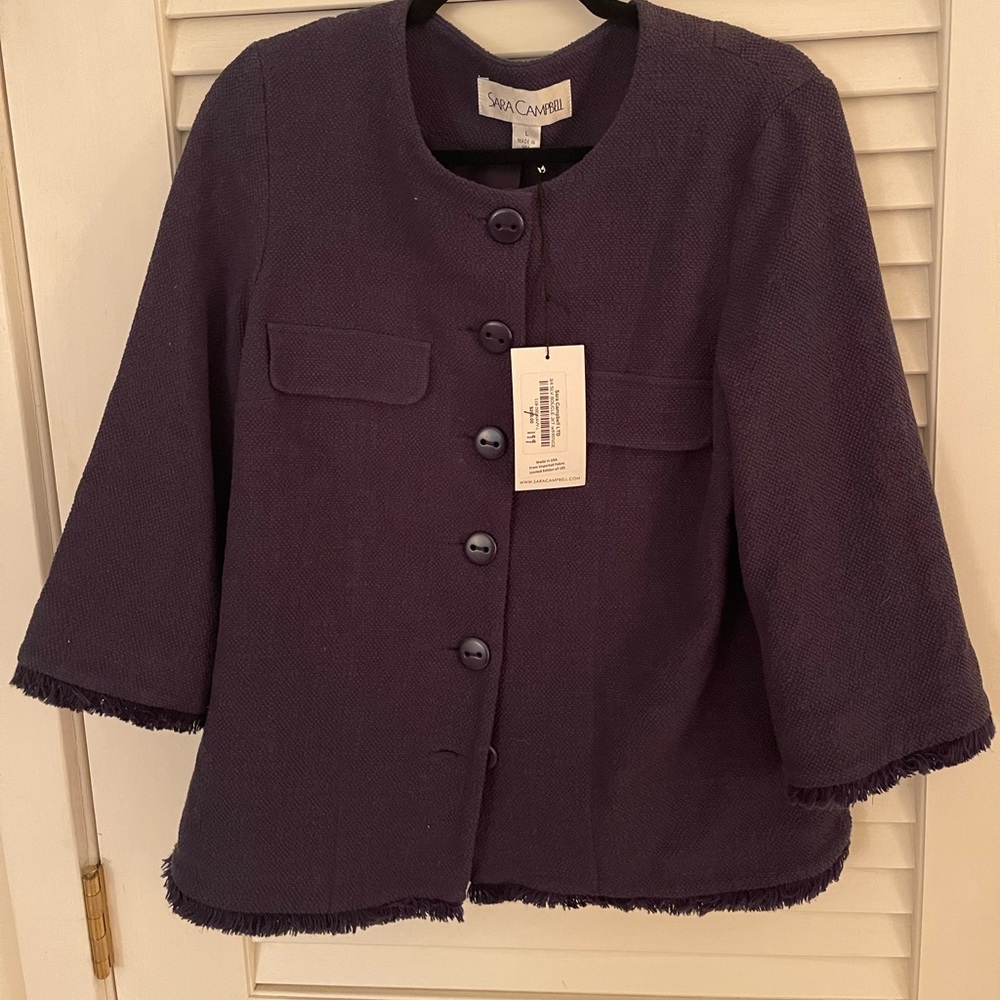 Sara Campbell navy jacket with fringe detail